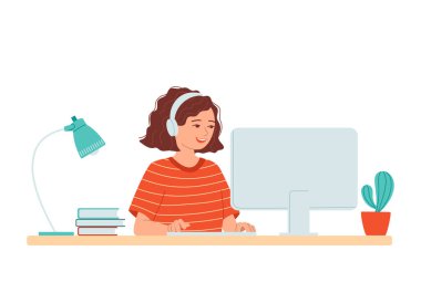 Liseli kız evde bilgisayarla çalışıyor. Kulaklıklı kız masada oturup internette ödev yapıyor. Uzaktan eğitim kavramı. E-öğrenme. Uzaktan eğitim. İzole vektör illüstrasyonu