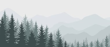 Dağ manzaralı yeşil kozalaklı ağaçlar. Köknar ormanıyla yatay afiş şablonu. Kartpostal, orman tatili için reklam afişi, yaz kampı, turizm. Vektör illüstrasyonu