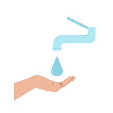 Musluk ve el bir damla su tutuyor. Dünya el yıkama, el hijyen günü. Su, toprak kaynaklarını koru. Düz dizayndaki vektör çizimi beyaza izole edildi.
