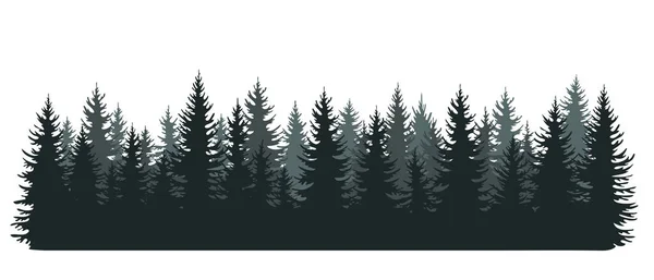 Orman siluetleri. Kozalaklı ladin ağaçları yatay arkaplan. Evergreen bitkileri panorama. El çizimi biçiminde beyaz vektör illüstrasyonunda izole 