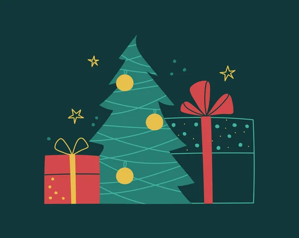 Toplarla süslenmiş soyut Noel ağacı, yakındaki fiyonklu hediye kutuları. Mutlu Noeller ve mutlu yıllar. Düz vektör illüstrasyonu tebrik kartları, posterler ve afişler için koyu arkaplanda izole edildi