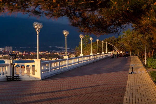 海の遊歩道と白のバルーストレードは、暗い山々の背景に沈む太陽によって美しく照らされています。手前の松の枝。美しく静かな写真. — ストック写真