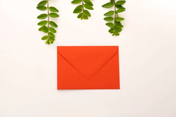 Rött Kuvert Och Gröna Kvistar Vit Bakgrund — Stockfoto