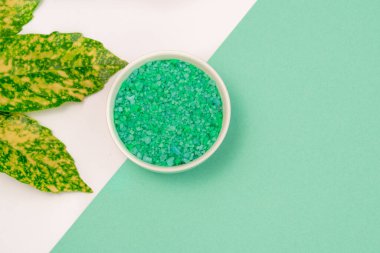 yeşil banyo tuzu ve yeşil beyaz arka planda doğal elementler