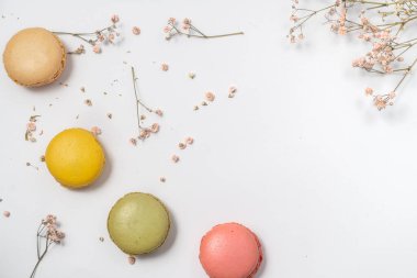 Farklı renklerde Fransız tatlısı ve beyaz arka planda kuru çiçekler. 