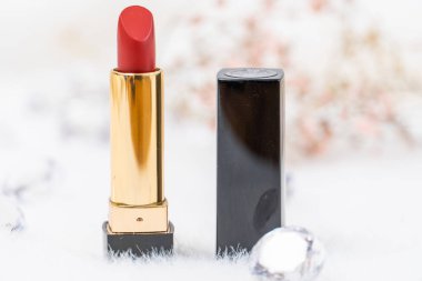 Beyaz kabarık arkaplanda en az tasarımı olan kırmızı ruj ve elmas şeklinde cam taşlar ve kurumuş bir çiçek filizi.