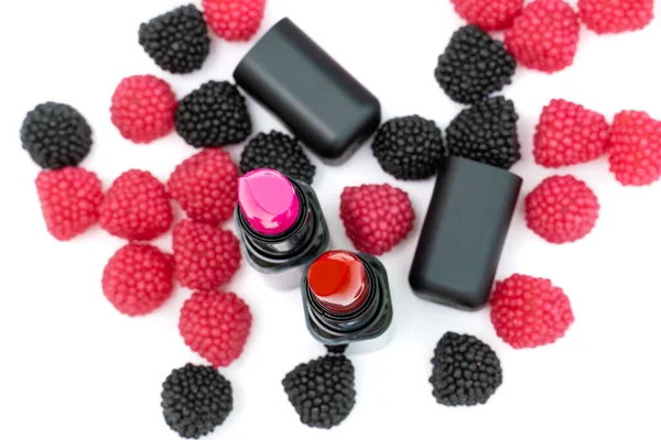 Lipstick Lips Red Pink Colours Candies Form Raspberries Red Black — Stock Photo, Image