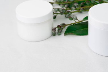 Kozmetik düz yatak: beyaz arka planda yeşil bir filiz ile beyaz yüz kozmetik 