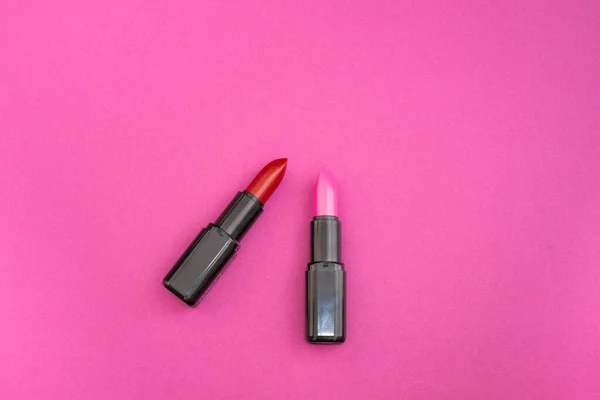 Fashion Cosmetica Foto Van Rode Roze Lippenstift Een Roze Achtergrond — Stockfoto