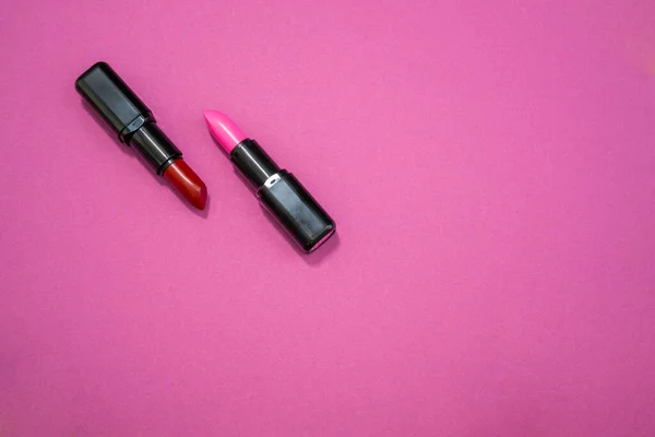 Fashion Cosmetica Foto Van Rode Roze Lippenstift Een Roze Achtergrond — Stockfoto