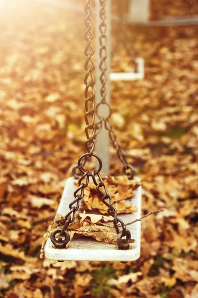 Empty swing with leaves in the autumn season — Stock Photo, Image