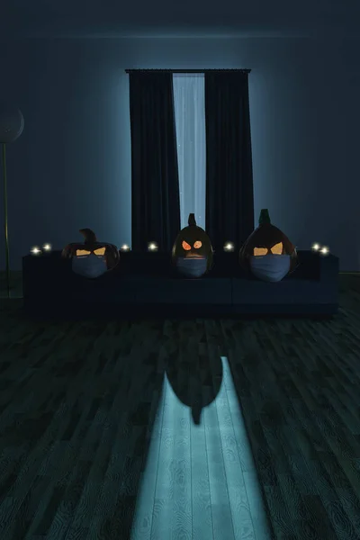 Візуалізація Моторошних Ліхтарів Маскою Обличчя Сидить Дивані Темній Вітальні — стокове фото
