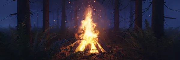 Rendering Big Bonfire Sparks Forest Foggy Night — Stock Photo, Image