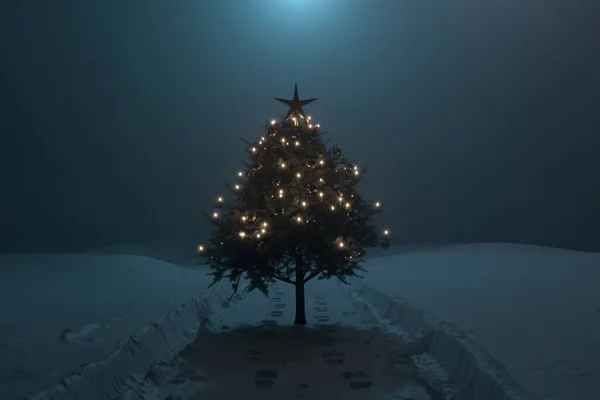 真夜中に雪のマークの横に飾られたクリスマスツリーの3Dレンダリング — ストック写真