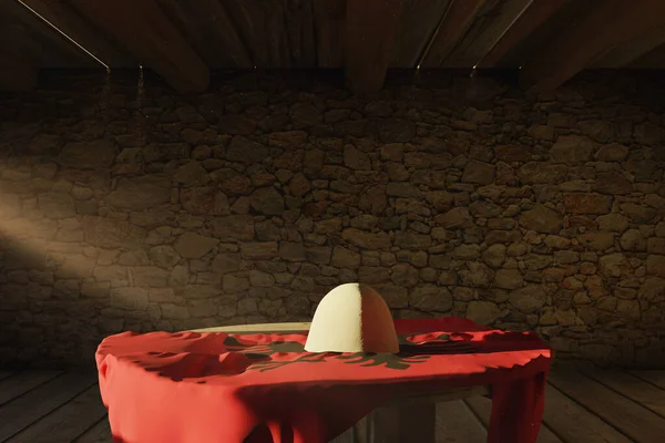 3d rendering of albanian hat and albanian flag laying on wooden table in front of stone wall