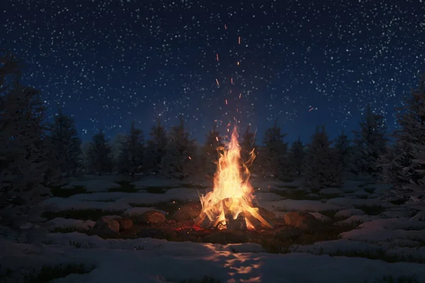 雪の松や星空の前で火花や粒子と大きなたき火の3Dレンダリング — ストック写真