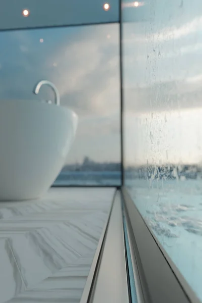 冬にはバスタブと冷凍窓付きのバスルームで金属ガターの3Dレンダリング — ストック写真