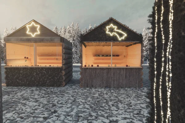 不同木屋的圣诞市场在黄昏阳光下的3D渲染 — 图库照片