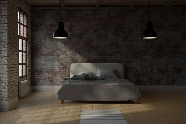 ベッド 工業用照明付きヴィンテージスタジオロフトの3Dレンダリング — ストック写真