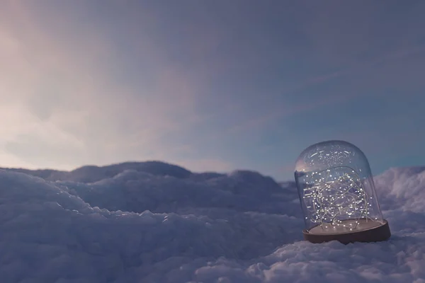 雪の上にライトチェーンとクリスタルボールの3Dレンダリング — ストック写真