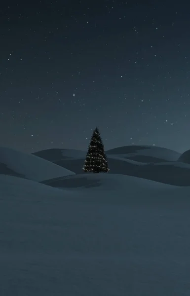 Darstellung Von Schneebedeckten Hügeln Mit Einem Einzigen Weihnachtsbaum Der Mitte — Stockfoto