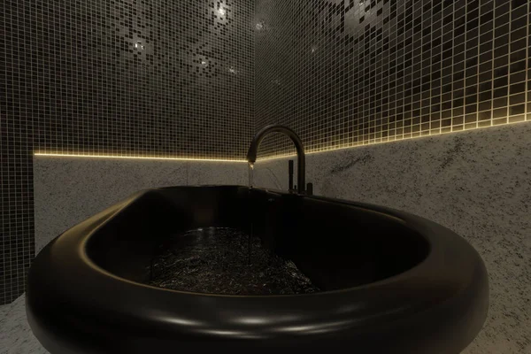 用黄色铅灯照明的独立黑色浴缸3D渲染 — 图库照片
