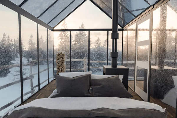 Karla Kaplı Ormanlarda Yatak Cam Paneller Olan Rahat Bir Barakanın — Stok fotoğraf