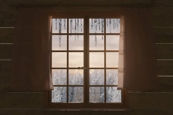 Rendering Von Holzfensterrahmen Mit Eiszapfen Und Winterlicher Waldlandschaft Vor Dem — Stockfoto