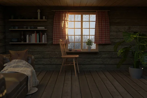 3D渲染舒适的小木屋内部 美丽的视野覆盖着积雪的森林 — 图库照片
