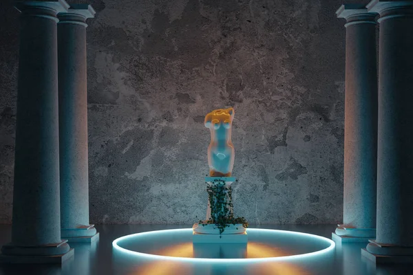 ネオンライトで照らされ 古代の柱に囲まれた女性の胴の3Dレンダリング — ストック写真