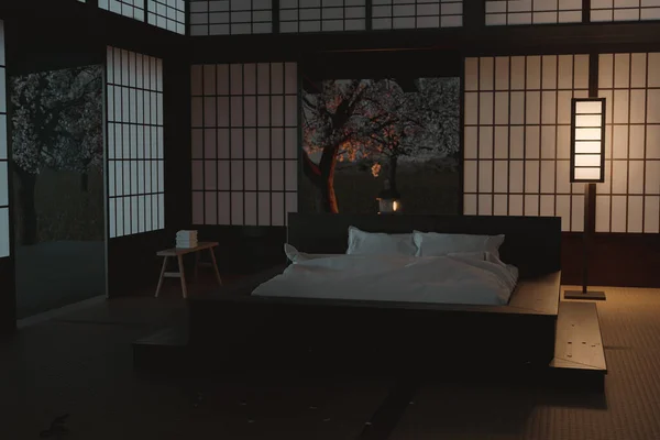 Renderowania Tradycyjnej Japońskiej Sypialni Nocy — Zdjęcie stockowe