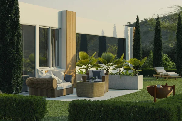 Rendering Beautiful Terrace Rattan Furniture Rusty Firebowl Garden — ストック写真