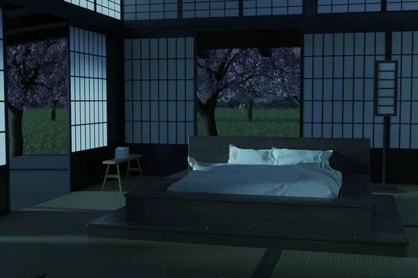 Renderowania Przytulny Tradycyjny Japoński Sypialnia Przed Kwitnącym Ogrodem Nocy — Zdjęcie stockowe
