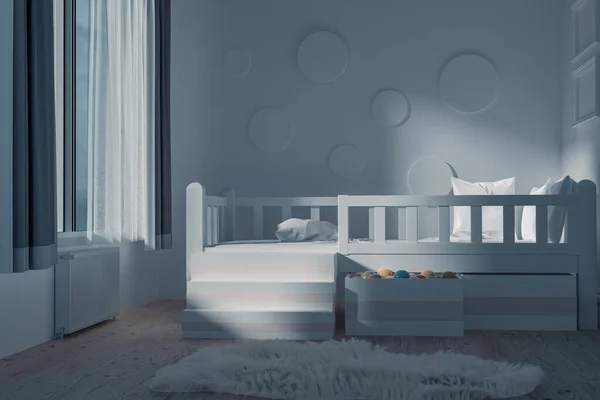 月明かりの下で白いベッドを持つ子供部屋の3Dレンダリング — ストック写真