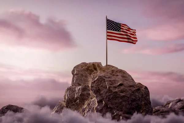 Boyutlu Dalgalanan Amerikan Bayrağı Kayalık Arazide Beyaz Bulutlarda — Stok fotoğraf