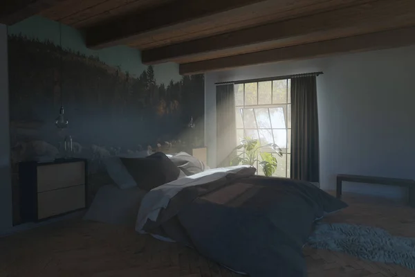 Återgivning Vintage Sovrum Med Träbjälkar Och Bekväm Säng — Stockfoto