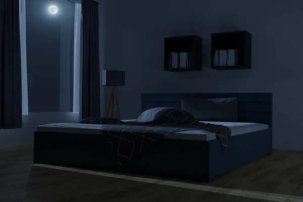 Boyutlu Geniş Yatak Odası Işığında Dağınık Kırışık Yatak — Stok fotoğraf