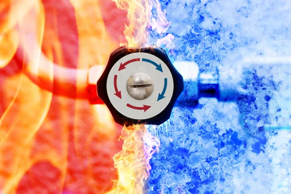 Manual heating controller with red and blue arrows in fire and ice background — Stock Photo, Image