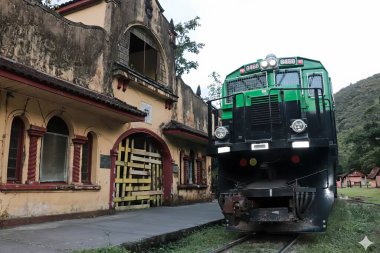 Marumbi tren istasyonunun önündeki tren, terk edilmiş bir istasyon, şimdi harabe halinde. Brezilya 'nın Paran eyaletindeki Serra do Mar sıradağları.