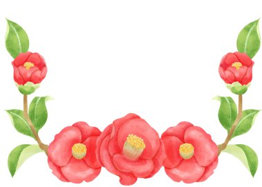 Suluboya stili, kamelya çiçeği süsleme malzemesi illüstrasyonu (Yatay konum)