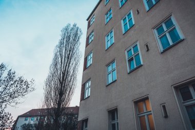 Ağaçlı turuncu ev ve açık mavi gökyüzü.