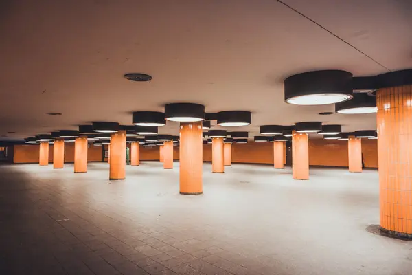 丸みを帯びた天井照明 茶色の列と灰色の床を持つ空の近代的な広々とした会議ホールの内部の広い角度ビュー — ストック写真