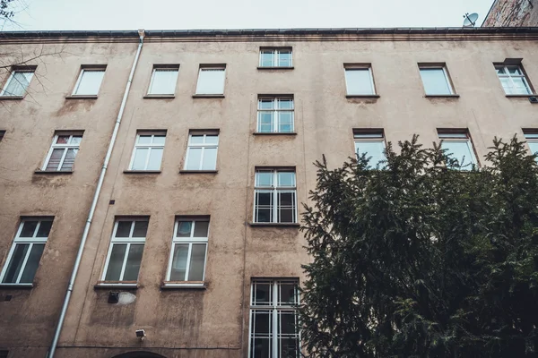 Low Rise Architectural Exterior View of Low Rise Residential Building with Stained Brown Stone Facade as seen from Courtyard with Lush Evergreen Tree, Looking Up Towards Gray Overcast Sky