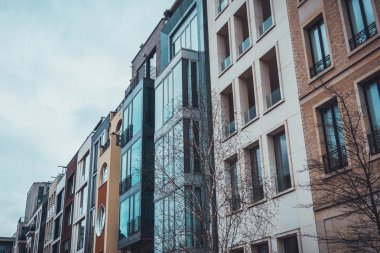 Berlin, Almanya 'da loca pencereli ve ön planda çıplak ağaçlı lüks daireler.