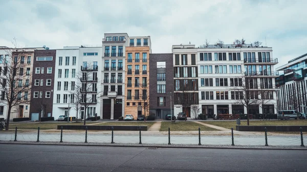 Street Level View Rows Various Types Residential Apartment Buildings Cloudy — Stock Photo, Image