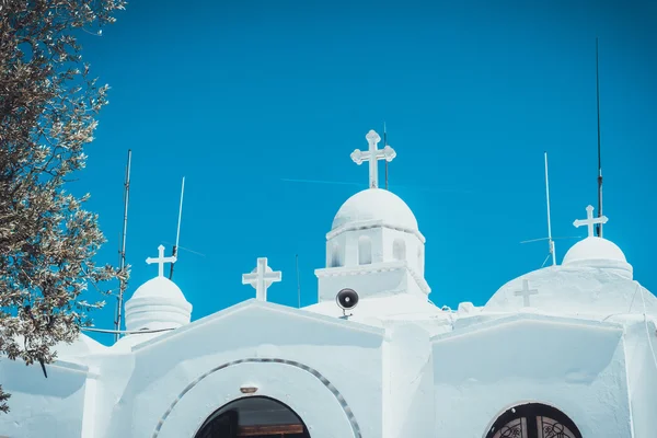 White greek orthodox church with crosses — Stock Photo, Image