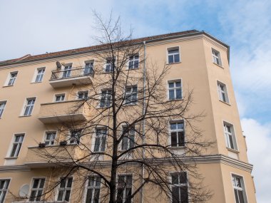 Çıplak ağaca Modern apartmanın önünde