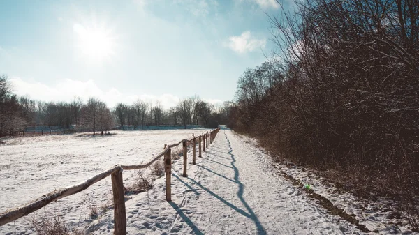 Rural Farm Road Winter Snow Covered Landscape Rustic Wooden Fence — Stock Photo, Image