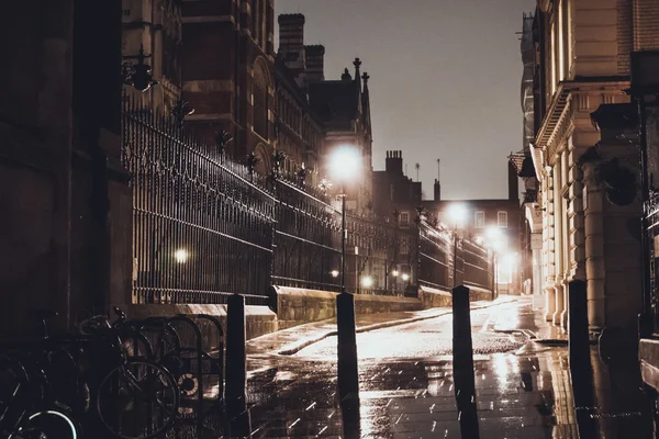 Deserted Urban Street Night Illuminated Bright Street Lights Wet Pavement — стокове фото