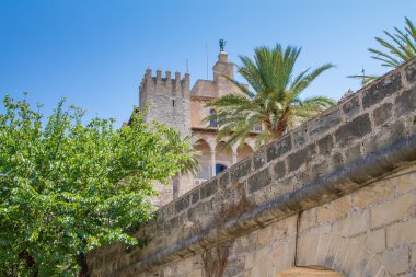 Palmiye ağacının yanındaki dikdörtgen kilise kulesi büyük eski dış duvar sınırının arkasında.